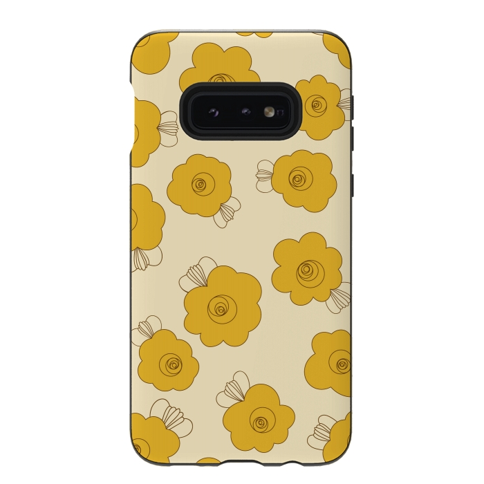 Galaxy S10e StrongFit Fluffy Flowers - Mustard on Lemon Yellow by Paula Ohreen