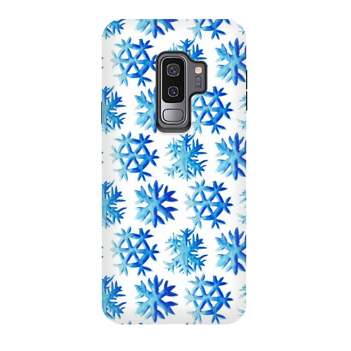 Galaxy S9 plus StrongFit Blue Watercolor Snowflake Pattern by Boriana Giormova