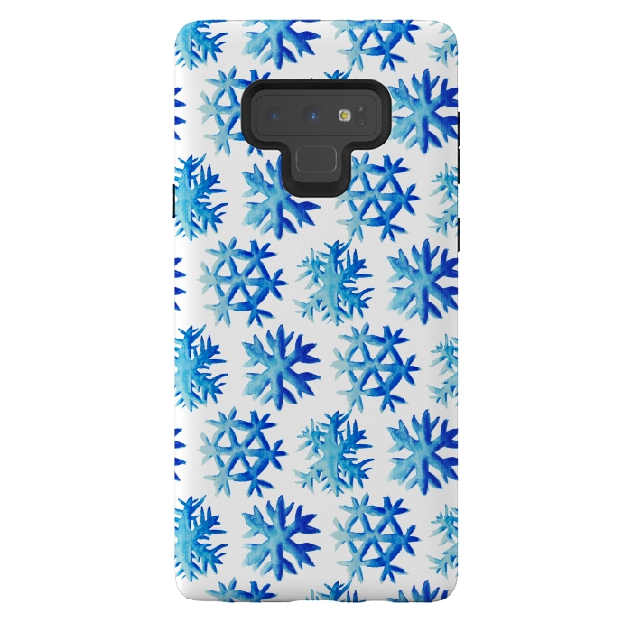 Galaxy Note 9 StrongFit Blue Watercolor Snowflake Pattern by Boriana Giormova