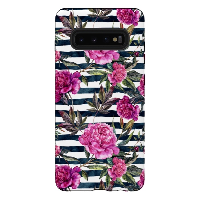 Galaxy S10 plus StrongFit Pink peonies and black stripes by  Utart