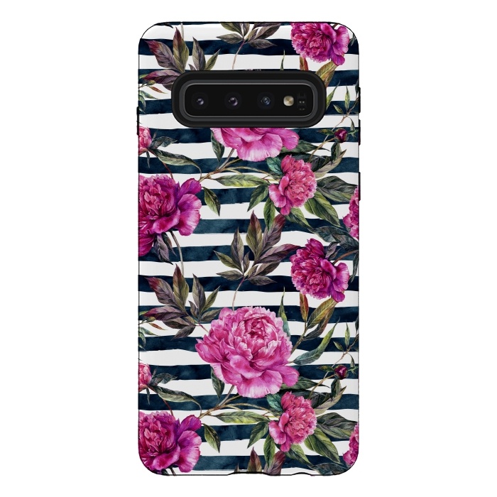 Galaxy S10 StrongFit Pink peonies and black stripes by  Utart