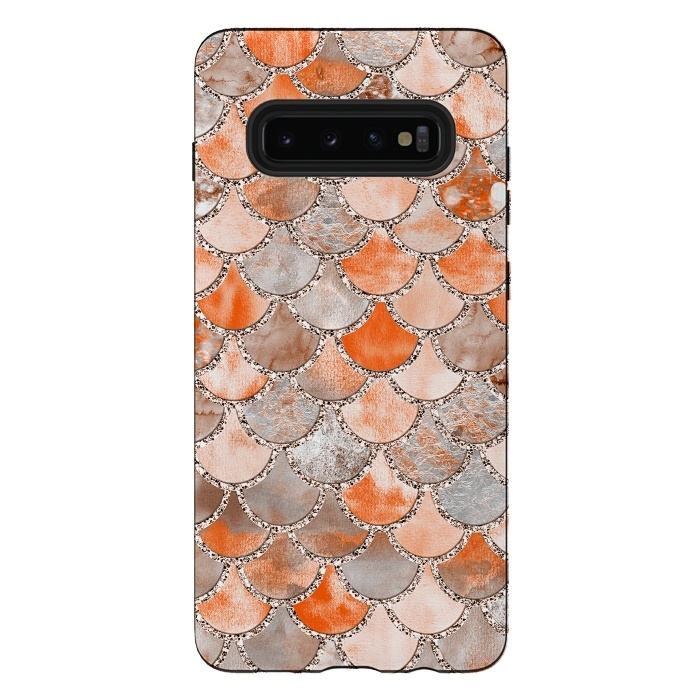 Galaxy S10 plus StrongFit Salmon Peach and Silver Glitter WAtercolor Mermaid Scales by  Utart