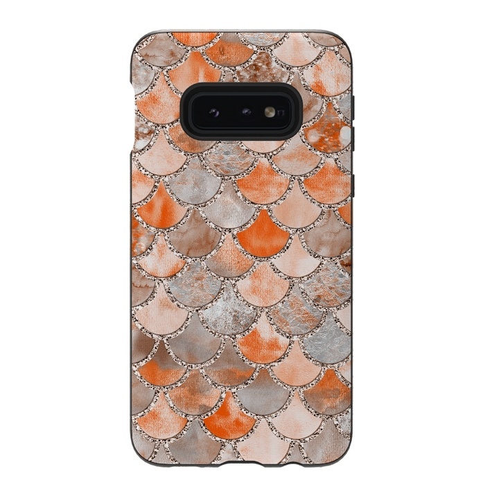 Galaxy S10e StrongFit Salmon Peach and Silver Glitter WAtercolor Mermaid Scales by  Utart