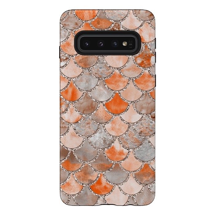 Galaxy S10 StrongFit Salmon Peach and Silver Glitter WAtercolor Mermaid Scales by  Utart