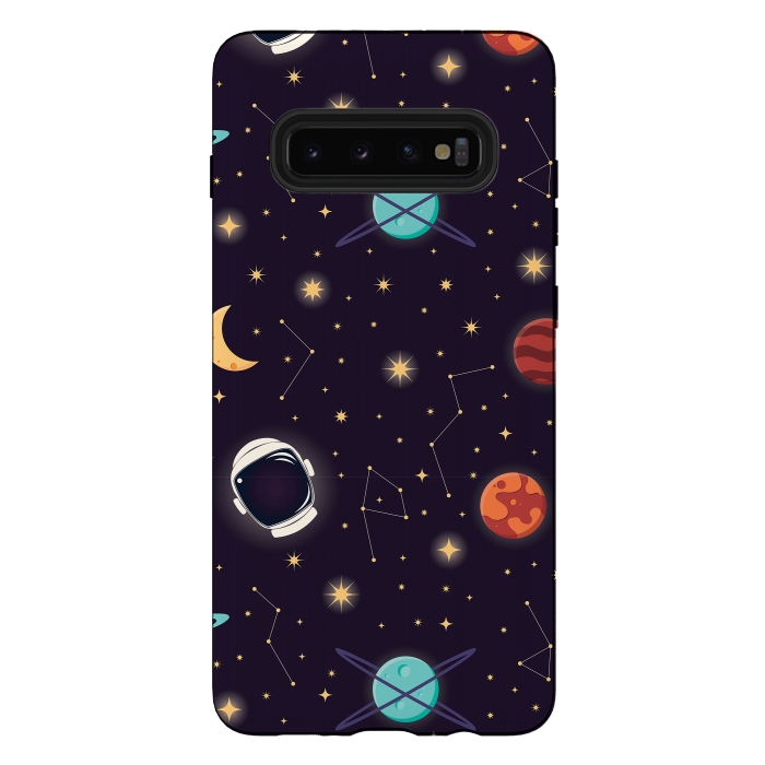 Galaxy S10 plus StrongFit Universe with planets, stars and astronaut helmet seamless pattern, cosmos starry night sky, vector illustration by Jelena Obradovic