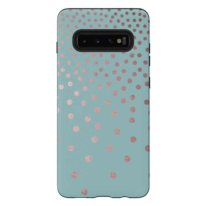 Galaxy S10 plus StrongFit Shiny Rosegold Polka Dots On Teal by Andrea Haase