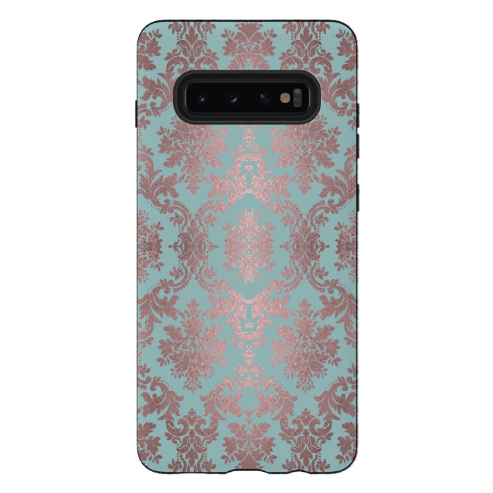 Galaxy S10 plus StrongFit Rose Gold Teal Damask Pattern 2 by Andrea Haase