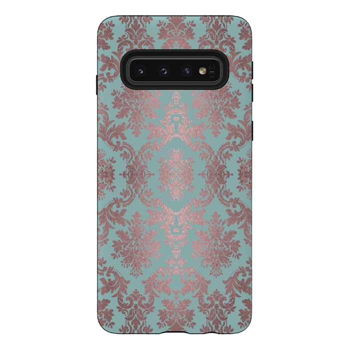 Galaxy S10 StrongFit Rose Gold Teal Damask Pattern 2 by Andrea Haase