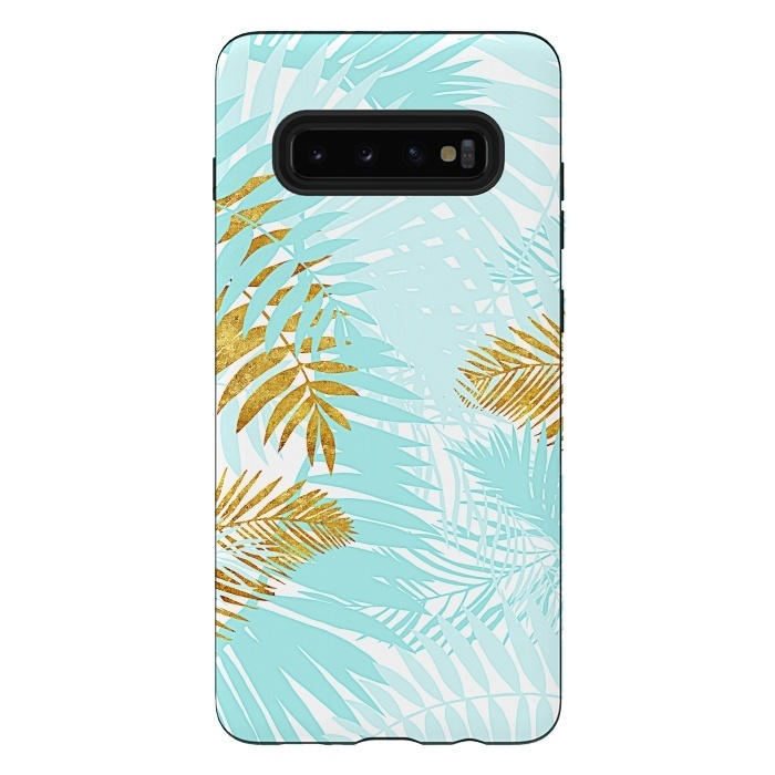 Galaxy S10 plus StrongFit Teal and Gold Palm Leaves by  Utart