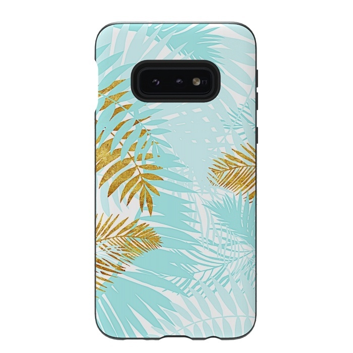 Galaxy S10e StrongFit Teal and Gold Palm Leaves by  Utart