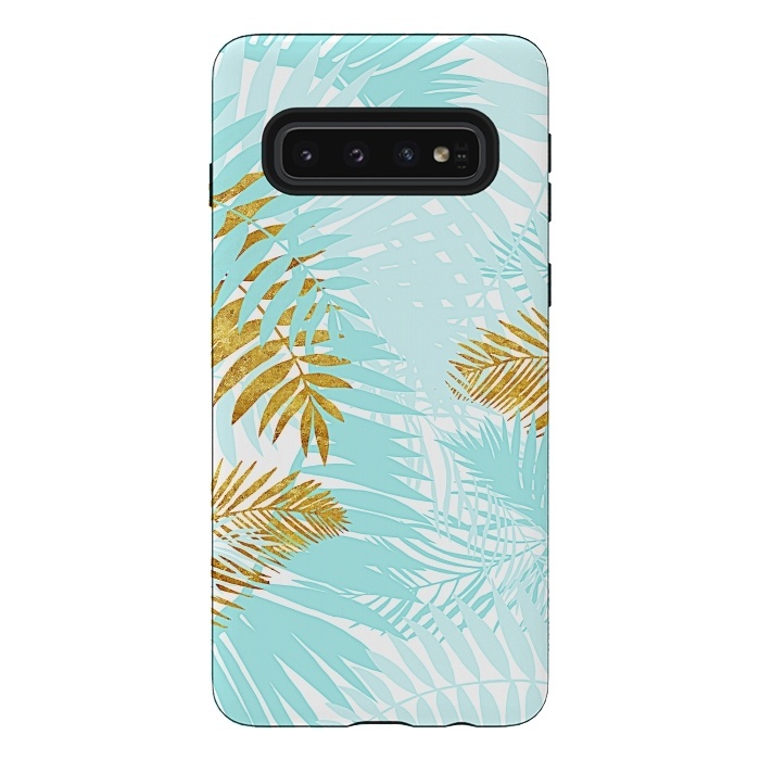 Galaxy S10 StrongFit Teal and Gold Palm Leaves by  Utart