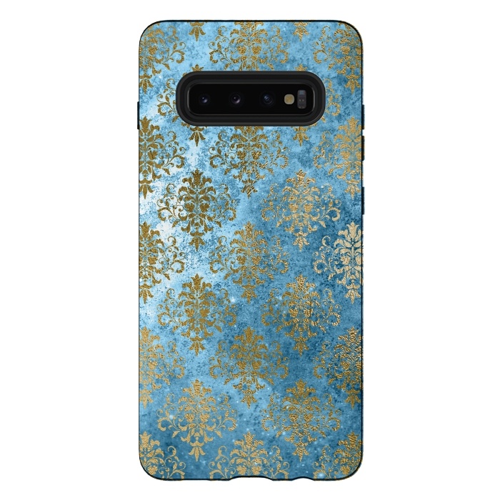 Galaxy S10 plus StrongFit Blue and Gold Trendy Vintage Damask Pattern by  Utart