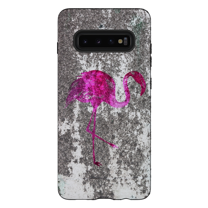 Galaxy S10 plus StrongFit Pink Flamingo Bird On Grunge Wall by Andrea Haase