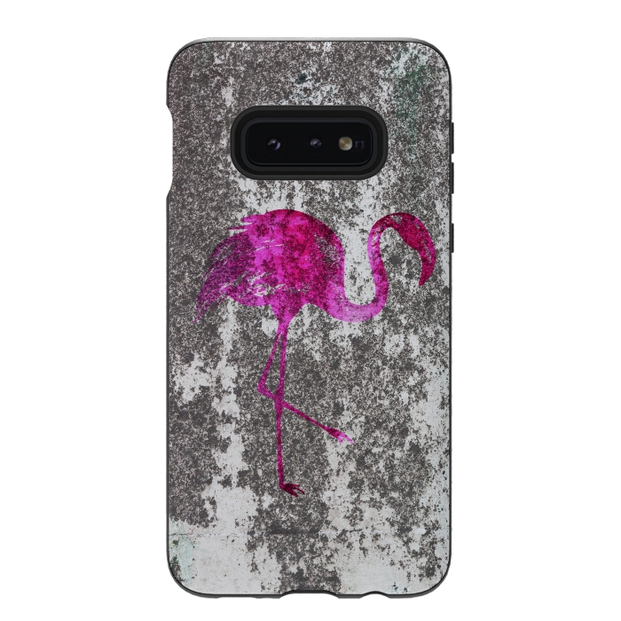 Galaxy S10e StrongFit Pink Flamingo Bird On Grunge Wall by Andrea Haase