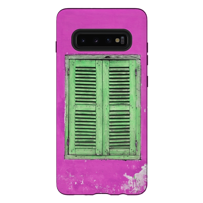 Galaxy S10 plus StrongFit Turquoise Green Shutters In Pink Wall by Andrea Haase