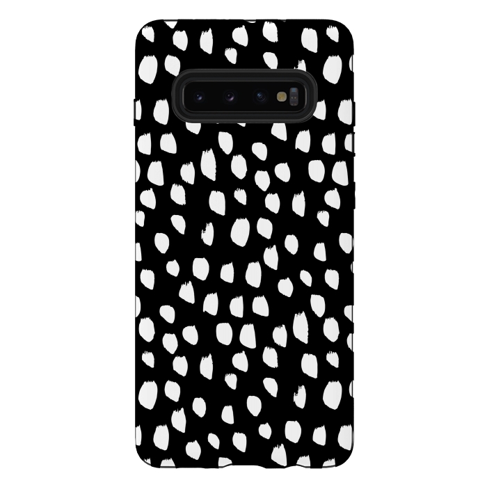 Galaxy S10 plus StrongFit Hand drawn crazy white polka dots on black by DaDo ART