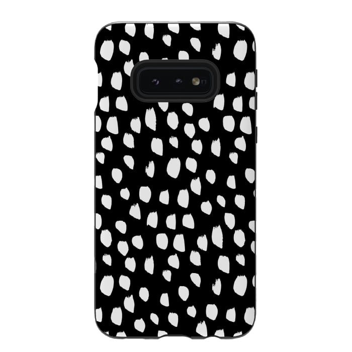 Galaxy S10e StrongFit Hand drawn crazy white polka dots on black by DaDo ART