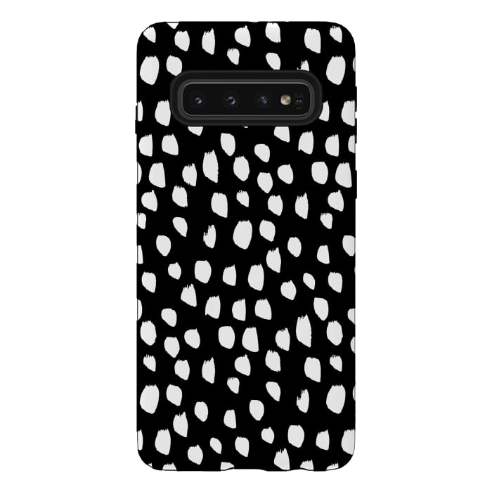 Galaxy S10 StrongFit Hand drawn crazy white polka dots on black by DaDo ART