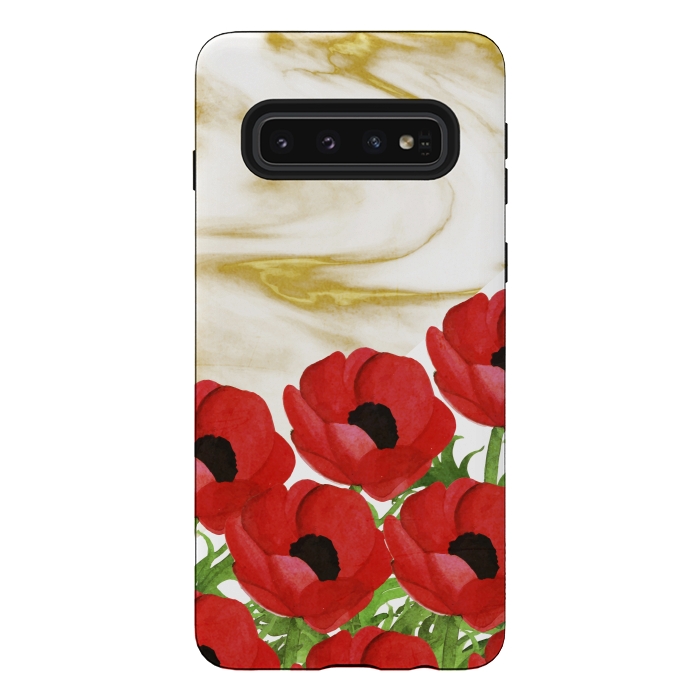 Galaxy S10 StrongFit Red Flowers on Marbel by Rossy Villarreal
