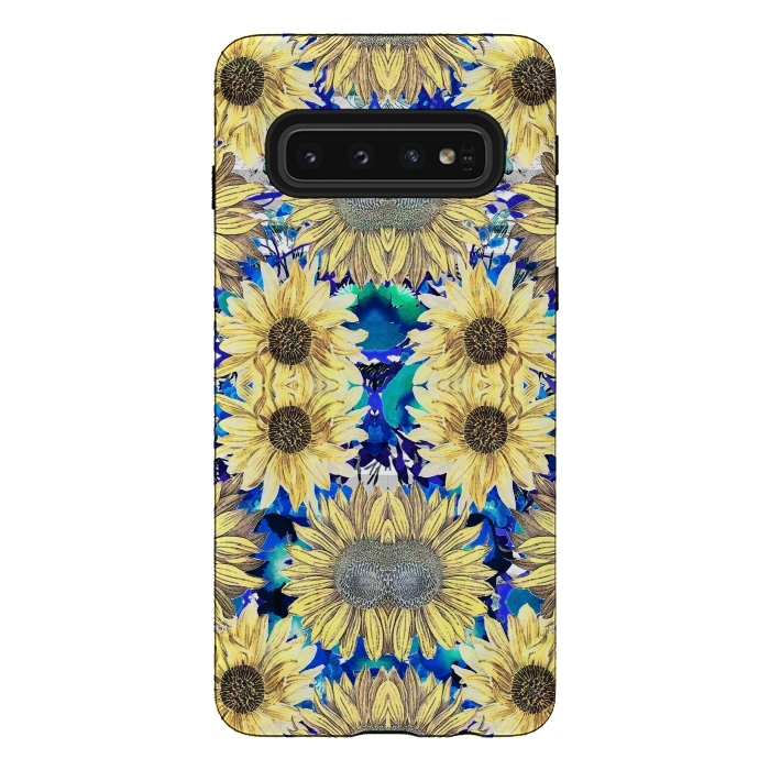 Galaxy S10 StrongFit Watercolor painted sunflowers and blue foliage by Oana 