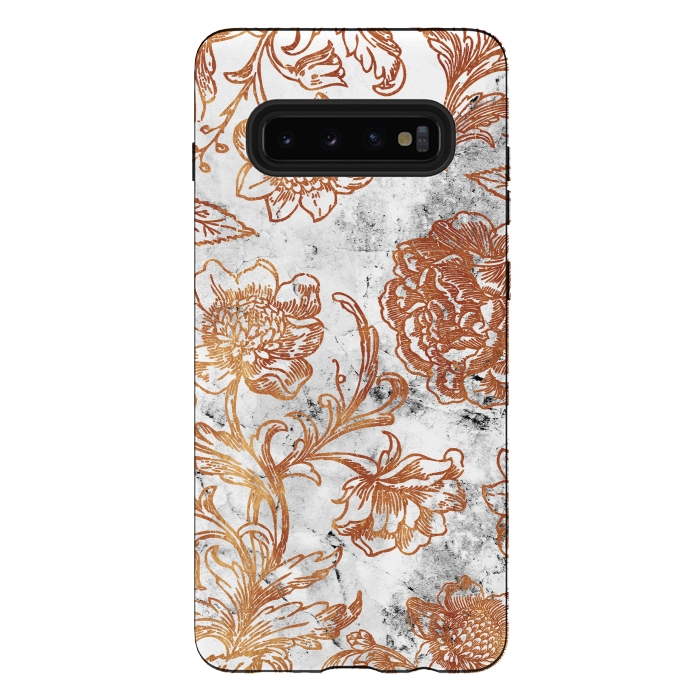 Galaxy S10 plus StrongFit Golden flowers line art on white marble by Oana 