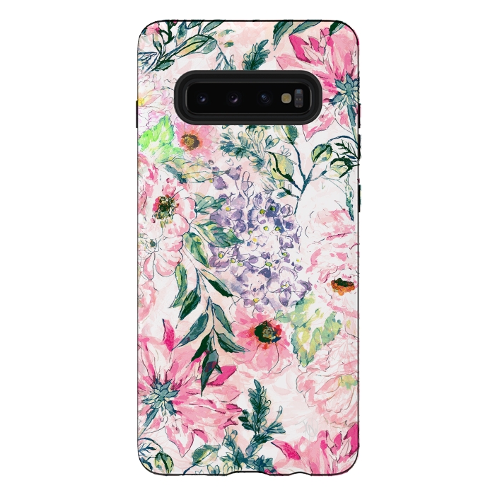 Galaxy S10 plus StrongFit Boho chic watercolor pink floral hand paint by InovArts