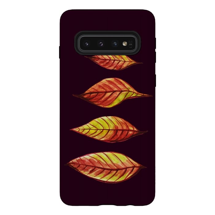 Galaxy S10 StrongFit Four Red Yellow Ink Watercolor Painted Autumn Leaves by Boriana Giormova