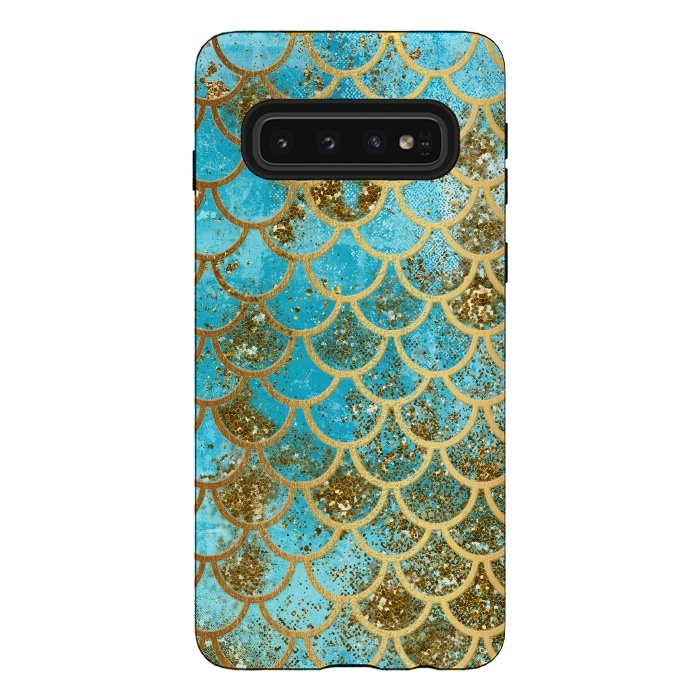 Galaxy S10 StrongFit Blue, Glitter and Gold Mermaid Scales by  Utart