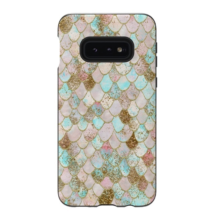 Galaxy S10e StrongFit Watercolor Wonky Gold Glitter Pastel Summer Mermaid Scales  by  Utart