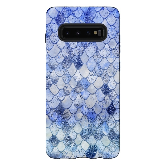 Galaxy S10 plus StrongFit Blue Summer Wonky Watercolor and Glitter Mermaid Scales by  Utart