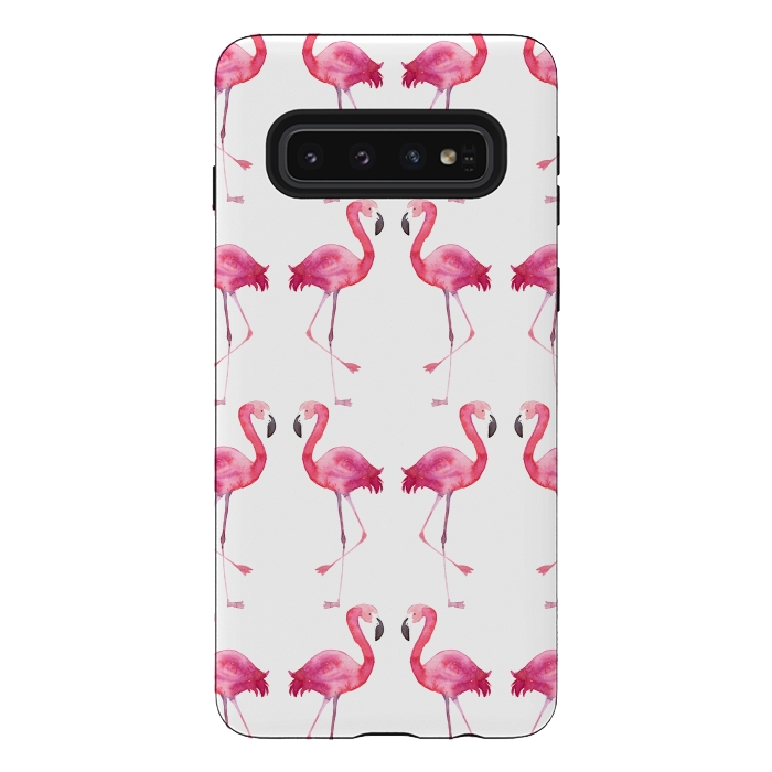 Galaxy S10 StrongFit Pink Watercolor Flamingo Print by Becky Starsmore
