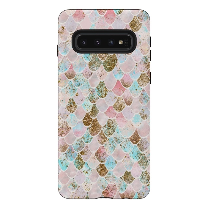 Galaxy S10 StrongFit Wonky Watercolor Pink and Blue Mermaid Scales  by  Utart