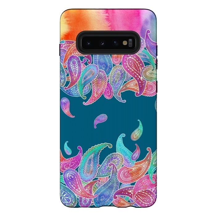 Galaxy S10 plus StrongFit Rainbow Paisley Rain on Blue by Micklyn Le Feuvre