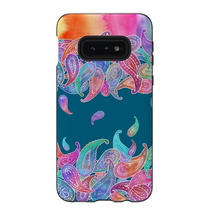 Galaxy S10e StrongFit Rainbow Paisley Rain on Blue by Micklyn Le Feuvre
