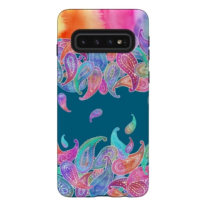 Galaxy S10 StrongFit Rainbow Paisley Rain on Blue by Micklyn Le Feuvre