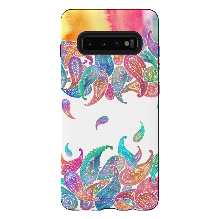 Galaxy S10 plus StrongFit Rainbow Paisley Rain on White by Micklyn Le Feuvre
