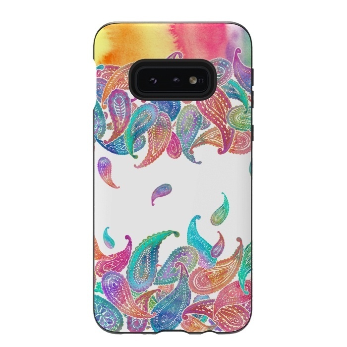 Galaxy S10e StrongFit Rainbow Paisley Rain on White by Micklyn Le Feuvre