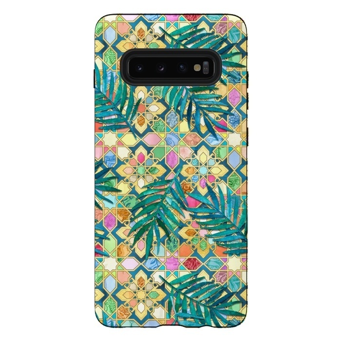 Galaxy S10 plus StrongFit Gilded Moroccan Mosaic Tiles with Palm Leaves by Micklyn Le Feuvre