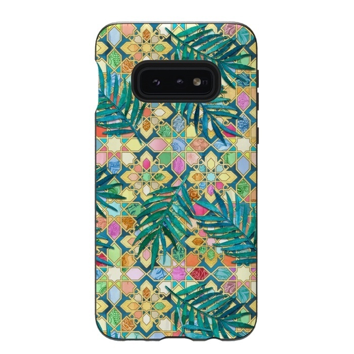 Galaxy S10e StrongFit Gilded Moroccan Mosaic Tiles with Palm Leaves by Micklyn Le Feuvre