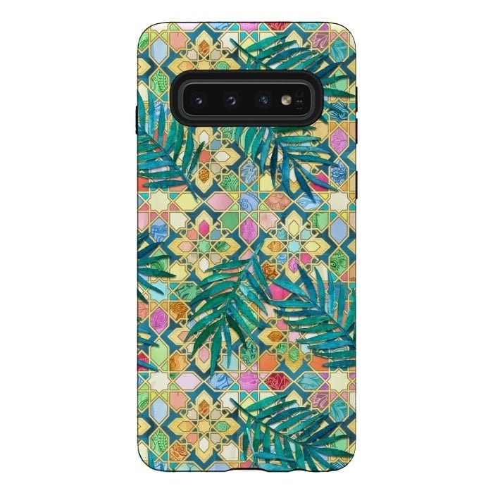 Galaxy S10 StrongFit Gilded Moroccan Mosaic Tiles with Palm Leaves by Micklyn Le Feuvre