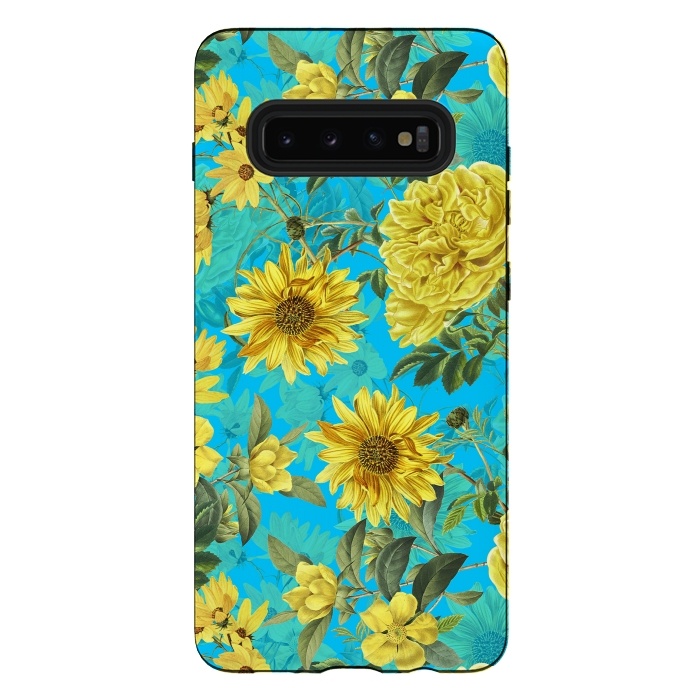 Galaxy S10 plus StrongFit Sunflowers and Yellow Roses on Teal Pattern by  Utart