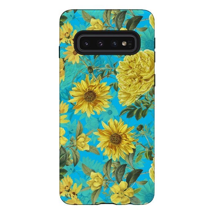 Galaxy S10 StrongFit Sunflowers and Yellow Roses on Teal Pattern by  Utart