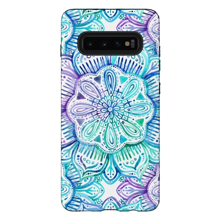 Galaxy S10 plus StrongFit Iridescent Aqua and Purple Watercolor Mandala by Micklyn Le Feuvre