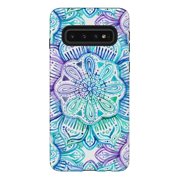 Galaxy S10 StrongFit Iridescent Aqua and Purple Watercolor Mandala by Micklyn Le Feuvre