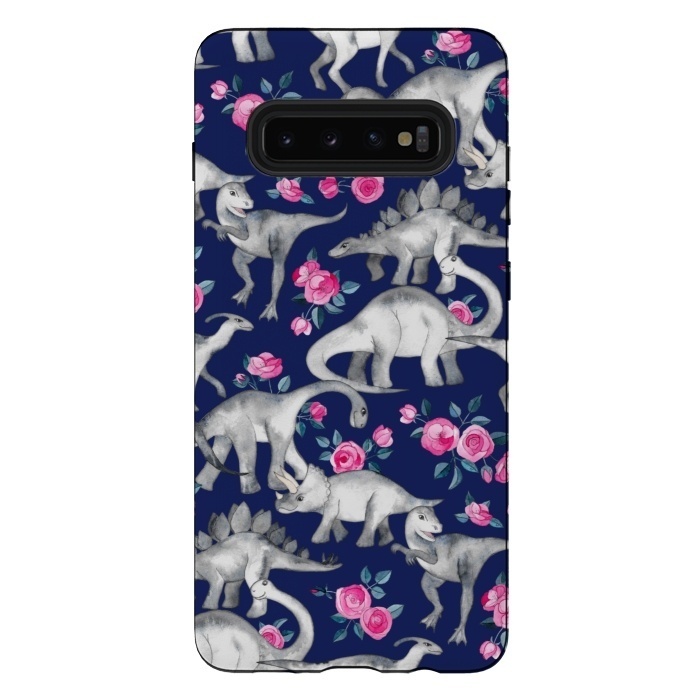 Galaxy S10 plus StrongFit Dinosaurs and Roses on Dark Blue Purple by Micklyn Le Feuvre