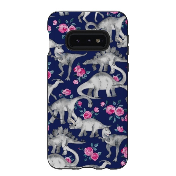 Galaxy S10e StrongFit Dinosaurs and Roses on Dark Blue Purple by Micklyn Le Feuvre