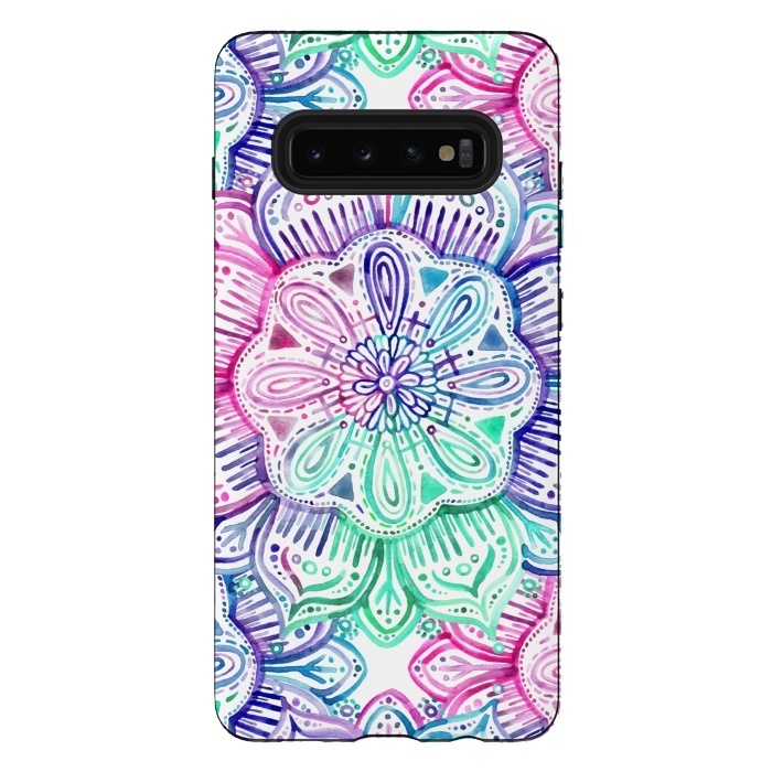 Galaxy S10 plus StrongFit Watercolor Mandala in Mint, Magenta and Purple by Micklyn Le Feuvre
