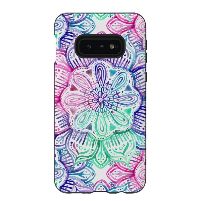 Galaxy S10e StrongFit Watercolor Mandala in Mint, Magenta and Purple by Micklyn Le Feuvre