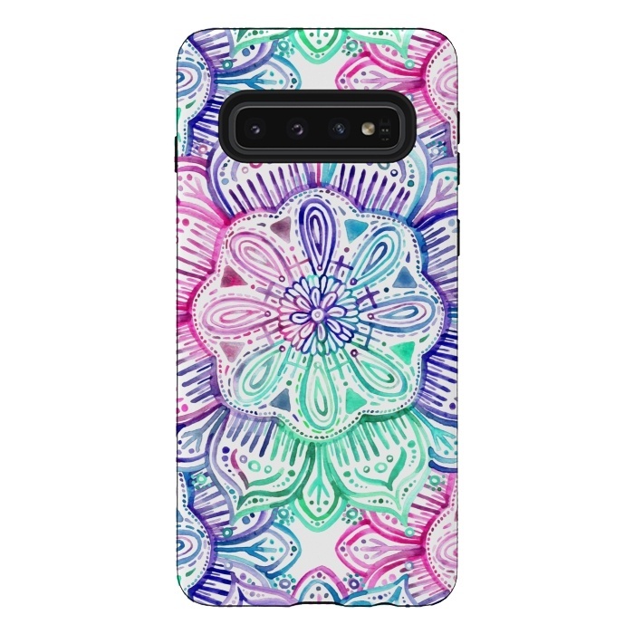 Galaxy S10 StrongFit Watercolor Mandala in Mint, Magenta and Purple by Micklyn Le Feuvre