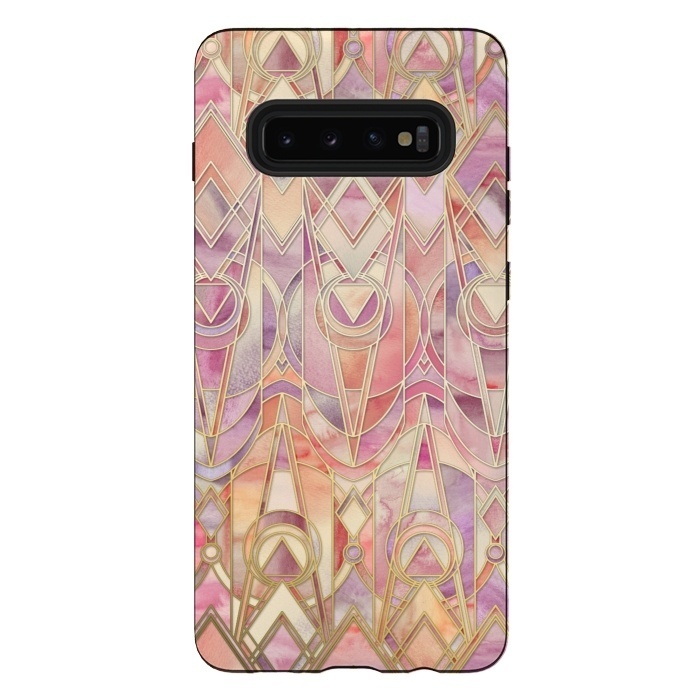 Galaxy S10 plus StrongFit Glowing Coral and Amethyst Art Deco Pattern by Micklyn Le Feuvre